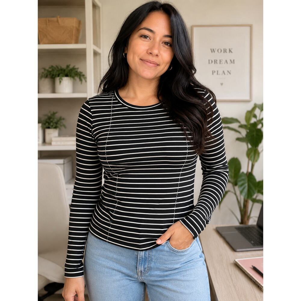 Nordstrom Long Sleeve Black White Striped Long Sleeve 100% Cotton Tee 2XS NEW